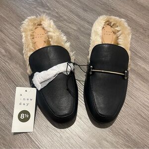 A New Day Black Loafers with Cream Faux Fur